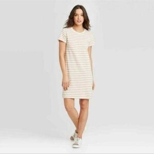 Striped Tee Shirt Dress, Neutral, Casual Layering Clothes, Women's/Teens Size M
